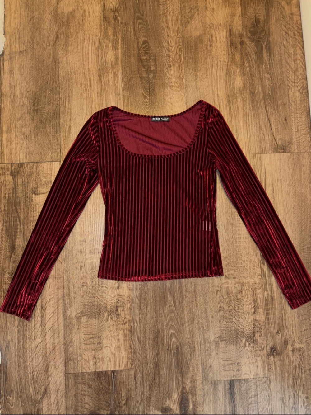 SHEIN Velvet Ribbed Long Sleeve Scoop Neck Top - Wine